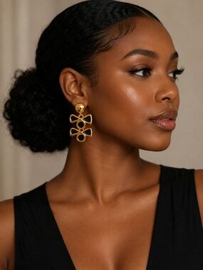 Gold and Black Bow Drop Earrings
